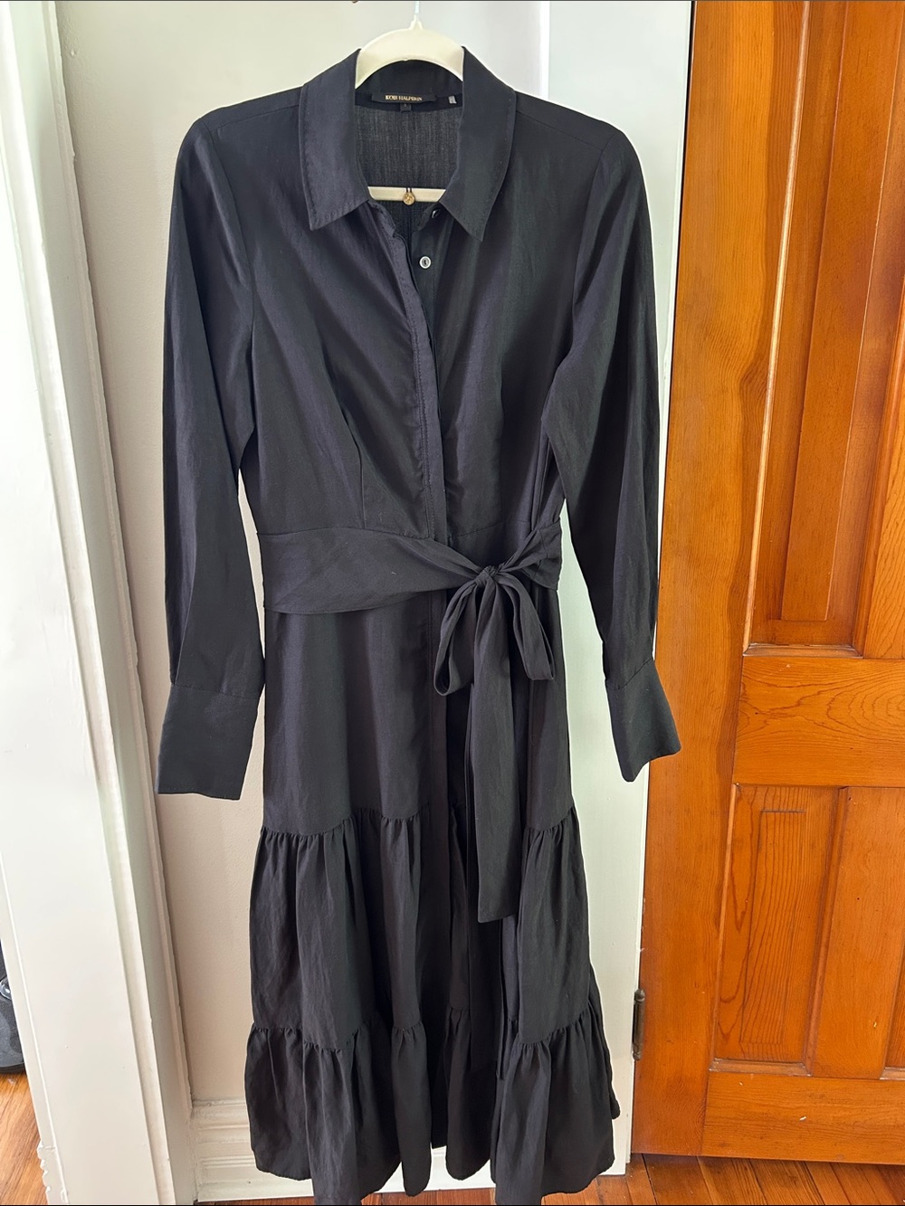 Kobi Halperin Beautiful Black Long-Sleeve Tie-Waist Tiered Shirt Dress